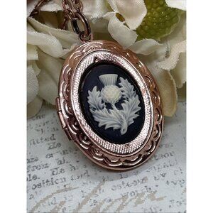 Dainty Rose Gold Locket Cameo Thistle  Wedding Jewelry Gift Scottish Necklace